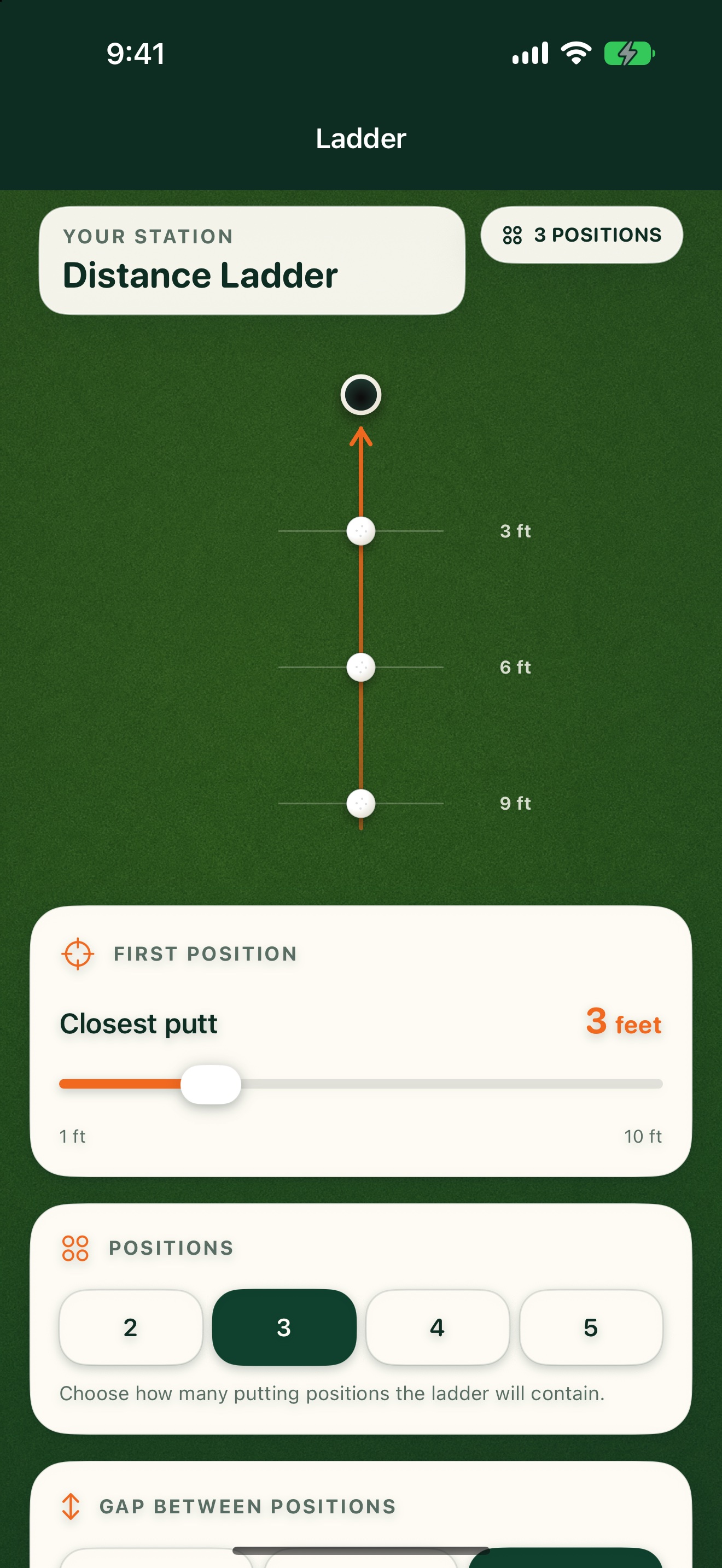 PuttStation Ladder configuration showing 3, 6, and 9 foot putting positions