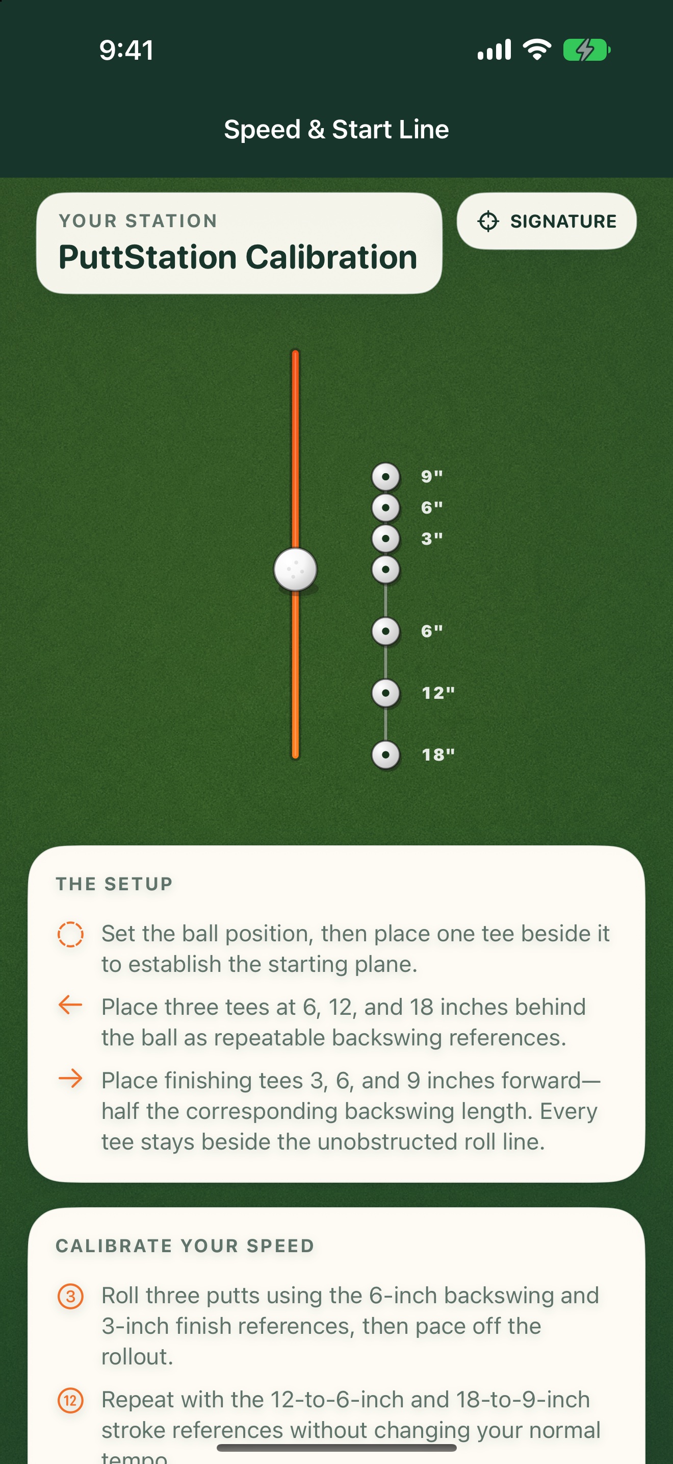 Actual Speed and Start Line screen with tee references for backswing and follow-through