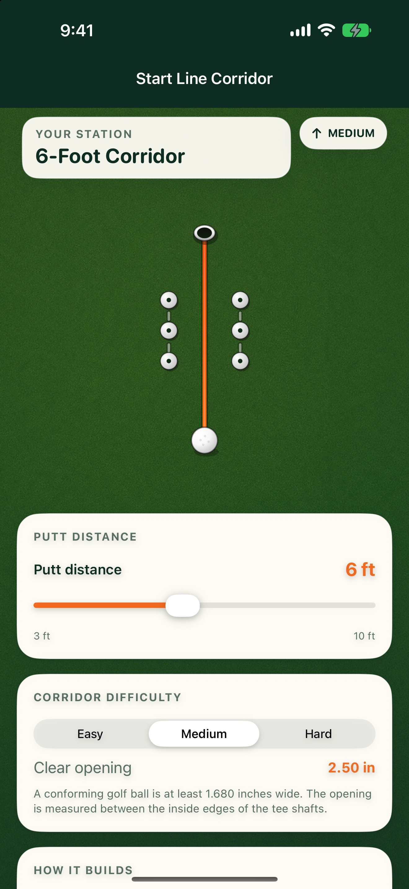 PuttStation Start Line Corridor station configuration on iPhone